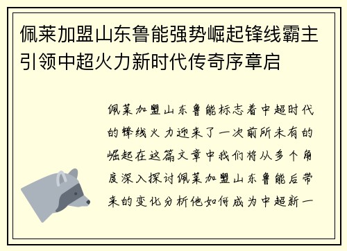 佩莱加盟山东鲁能强势崛起锋线霸主引领中超火力新时代传奇序章启