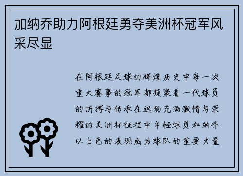 加纳乔助力阿根廷勇夺美洲杯冠军风采尽显