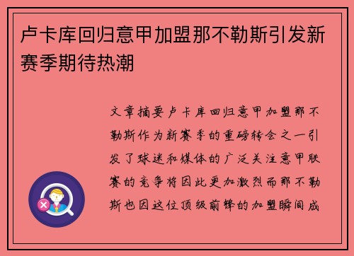卢卡库回归意甲加盟那不勒斯引发新赛季期待热潮