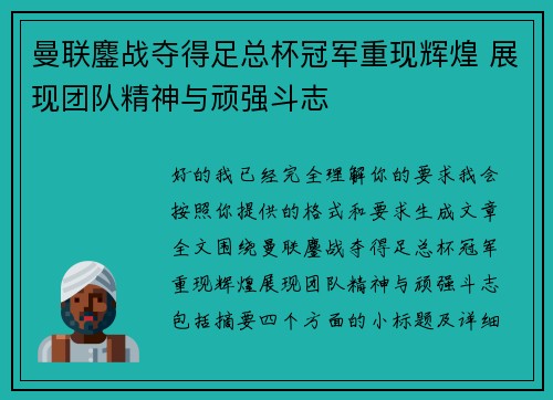 曼联鏖战夺得足总杯冠军重现辉煌 展现团队精神与顽强斗志